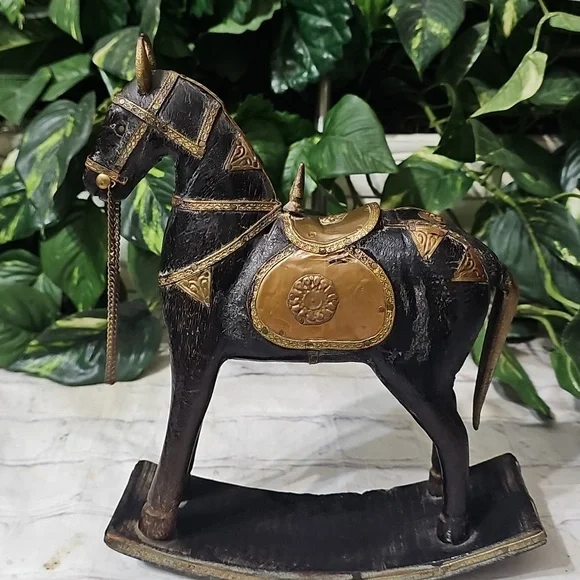 Vintage Carved Wooden Hammered Brass Rocking Horse Decor - Picture 4 of 12